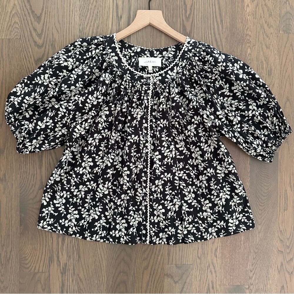 The Great The Elm Top Puff Sleeve Cottonwood Floral Black and Cream Size 1 / S
